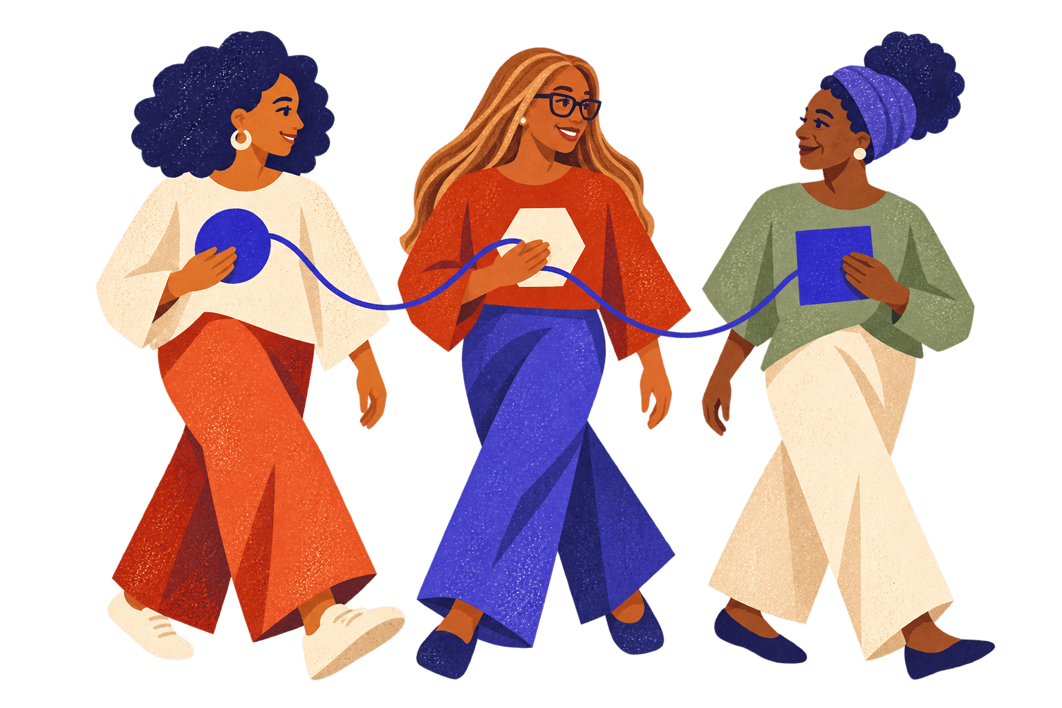 Illustration of three Black women connected by an indigo thread, representing a growing care practice.