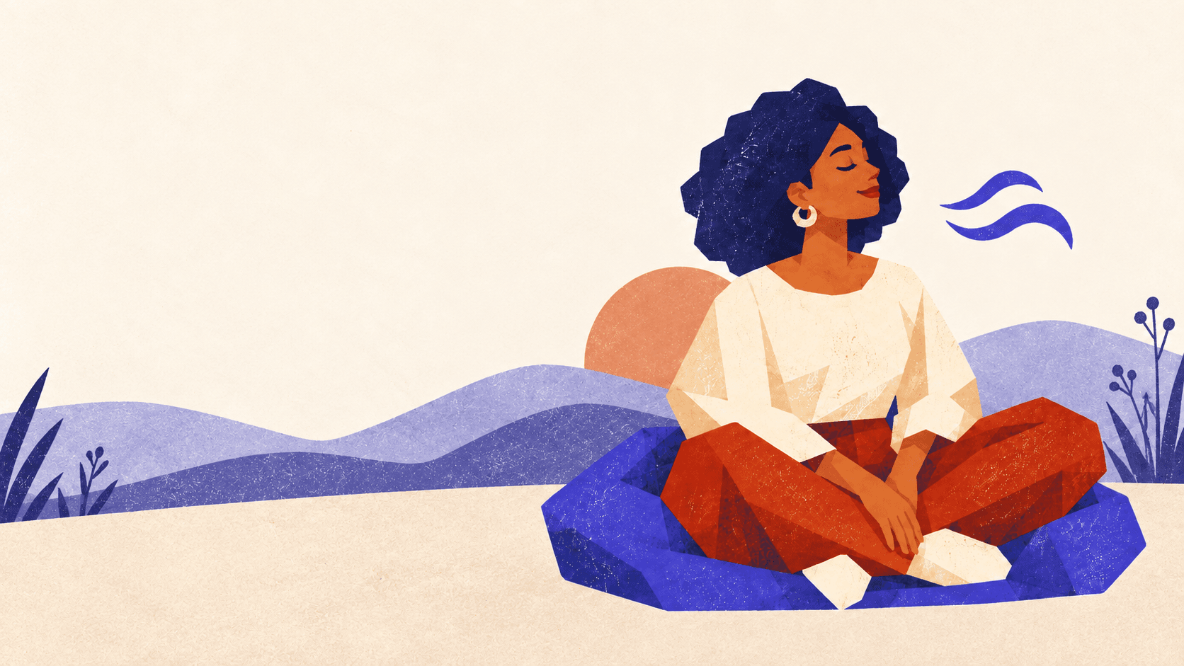A Black woman seated calmly with blue breath marks beside her.